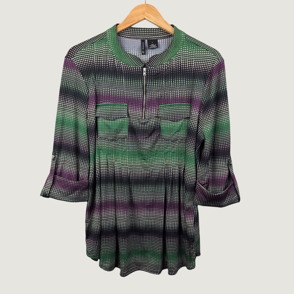 New Directions Blouse Women L Green Purple Geometric 1/4 Zip Roll Tab Sleeve NWT
